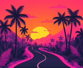 vibrant sunset illuminates winding road surrounded by tall palm trees and lush vegetation