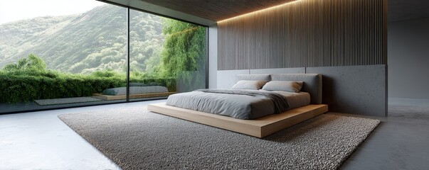 Modern bedroom design showcasing stunning window views; a large, neutral area rug grounds the space with understated elegance - window leisure peaceful