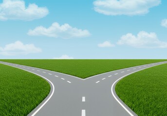 Fototapeta premium Road diverging decision point concept illustration for business strategy and future direction planning ahead