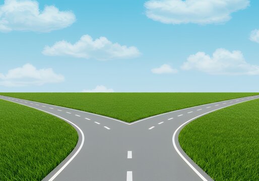 Road diverging decision point concept illustration for business strategy and future direction planning ahead