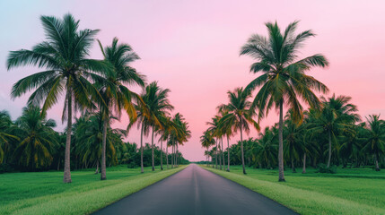 serene asphalt road surrounded by lush palm trees under colorful sky evokes tranquility