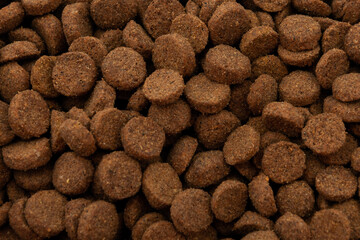 Pet Food Texture. Lot of Dry Granules of Dog or Cat Food.