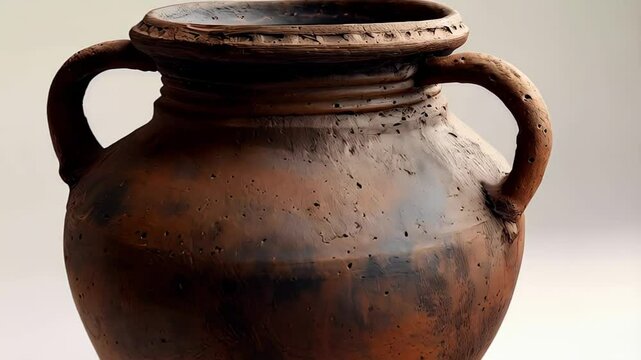 Terracotta amphora gently rotating, revealing intricate craftsmanship and historical cultural significance against pristine white background