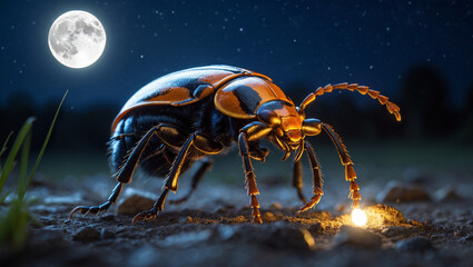 Large Insect Beetle Standing Underneath A Night Sky And A Shining Full Moon