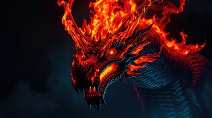 A menacing fiery dragon with glowing eyes and burning flames