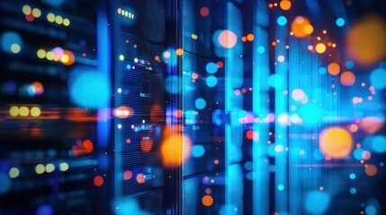 Abstract view of a server room with bokeh effect, highlighting the tech environment.