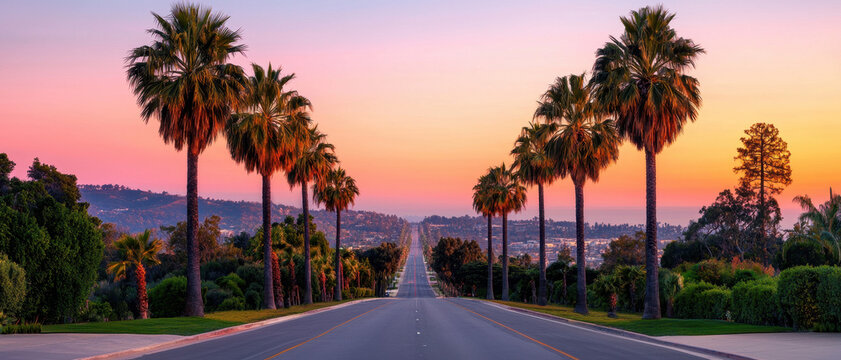 scenic boulevard lined with palm trees, showcasing vibrant sunset