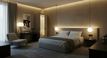 Modern hotel bedroom with warm lighting and minimalist design