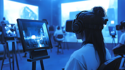 close-up of a VR headset reflecting the colors of a digital painting in progress 