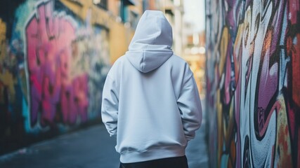 Person wearing a hoodie stands in an alleyway covered with vibrant graffiti.