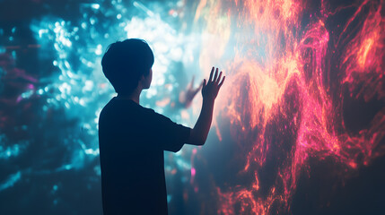 artist standing in a bright virtual space, using hand gestures to paint glowing abstract patterns 