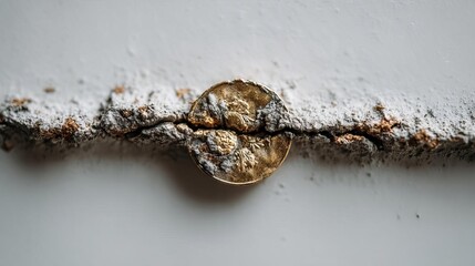 A close-up view of a coin resting in a textured, weathered surface.