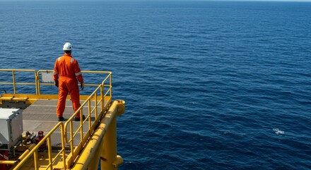Fototapeta premium Offshore worker on platform overlooking ocean