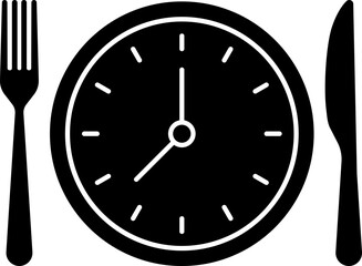 Meal Time Line and Silhouette Icon Set. Dining plate With Clock, Knife And Fork, Restaurant, Culinary, Dining. Time to Eat Concept. Cutlery icon. Spoon, forks, knife. Isolated Vector Illustration