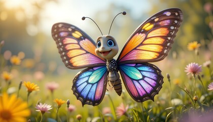 Obraz premium Cartoon Butterfly Flying in a Field of Flowers with Sunlight