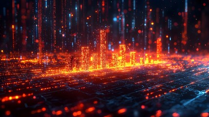 Futuristic 3D glowing bar graph over a holographic cityscape