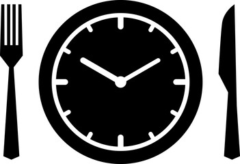 Meal Time Line and Silhouette Icon Set. Dining plate With Clock, Knife And Fork, Restaurant, Culinary, Dining. Time to Eat Concept. Cutlery icon. Spoon, forks, knife. Isolated Vector Illustration