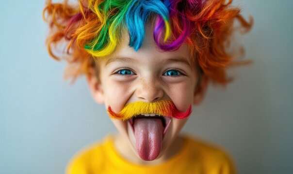 A young boy with rainbow hair and a fake mustache playfully sticks out his tongue, full of joy.