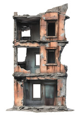 3D abandoned postapocalyptic skyscraper building isolated in white background