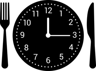 Meal Time Line and Silhouette Icon Set. Dining plate With Clock, Knife And Fork, Restaurant, Culinary, Dining. Time to Eat Concept. Cutlery icon. Spoon, forks, knife. Isolated Vector Illustration