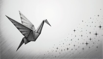 Artistic black and white illustration of an origami crane flying among stars for creative inspiration