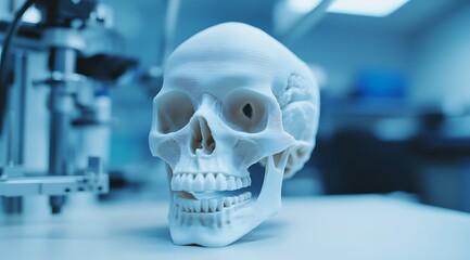 3D Printed Skull on Display: A detailed anatomical model created with layered printing technology.