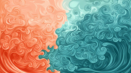 Abstract swirling ocean currents: a dual-toned composition of warm coral and cool aqua. Chilling Undertow. Illustration