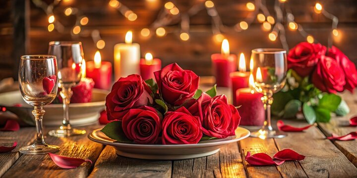 Romantic Valentine's Day Dinner: Close-up of Red Roses & Candles on Wooden Table