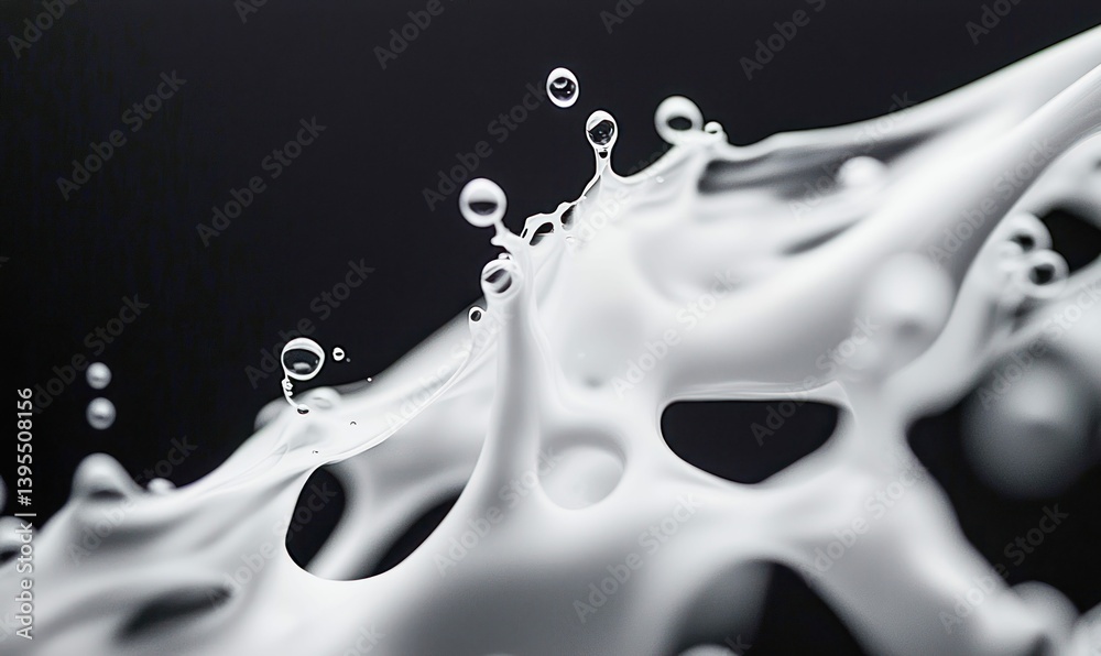 Poster close-up of splashing white liquid creating dynamic shapes and capturing a moment of fluid motion.