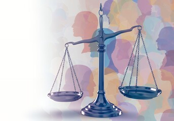 Justice equality balance concept with scales of justice and diverse people silhouettes background