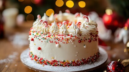 A festive decorated cake with candy canes for the holiday season