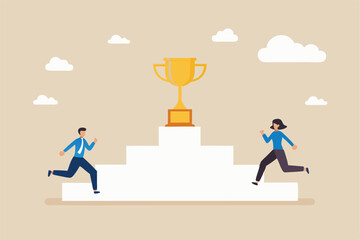 Business Competition Achievement Ladder With Trophy And Running Man And Woman Illustration Concept For Success And Goal Reaching Cartoon Vector