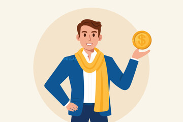 Cartoon Man Holding A Gold Dollar Coin Financial Success Investing Money Wealth Income Business Illustration Isolated On Beige Background