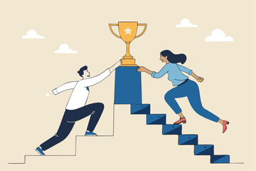 Teamwork Reaching The Top Together Businessman And Businesswoman Climbing Stairs To Achieve Success With Golden Trophy Metaphor For Partnership