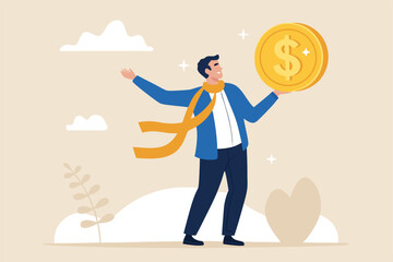 Successful Businessman Holding Gold Coin With Dollar Sign Achieving Financial Freedom And Showing Appreciation In A Flat Design Style