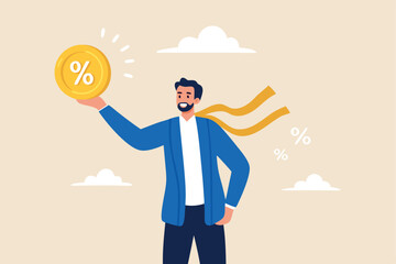 Man Holds Percentage Coin Offering Financial Savings And Business Growth Investment With Promotional Discount Rates And Special Offers Against Sky Backdrop