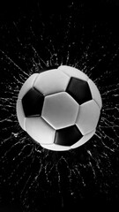 Detail of soccer ball with splashing water. Isolated on black background.