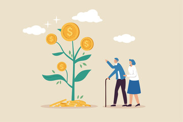 Elderly Couple Looking At Money Tree Representing Financial Growth And Retirement Planning With Clouds And Stars For A Bright Future