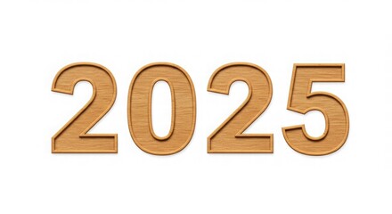 Wooden 2025 Numerals Isolated on White Background Representing the Upcoming Year