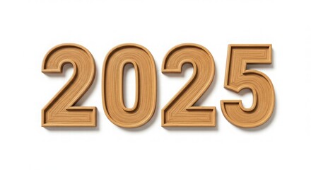 Wooden Number 2025 Isolated on White Background for New Year Designs
