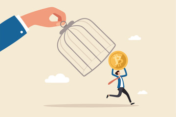 Businessman Escaping Control Carrying Bitcoin Digital Currency Independence And Financial Freedom Vector Illustration Depicts Breaking Free From Financial Oppression