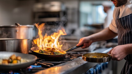 Michelin star chef cooking at the kitchen in a fine dining restaurant