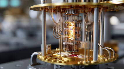 Advance quantum computer technology, high speed quantum computing, computational power, futuristic and high-tech, metallic appearance