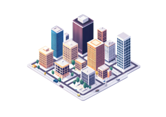 Isometric view of a downtown city landscape with large office buildings, highlighting the urban architecture and bustling city environment.