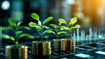 Green seedlings emerging from coins, symbolizing growth and investment in a digital financial environment