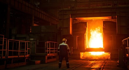 Fototapeta premium Worker Observing Molten Metal in Industrial Furnace with Protective Gear