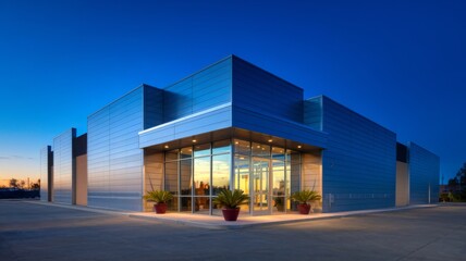 Contemporary architecture meets twilight hues, showcasing a sleek building with illuminated windows and potted plants.