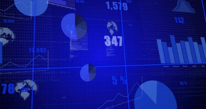 Displaying animation of global statistics with data visualizations on blue interface