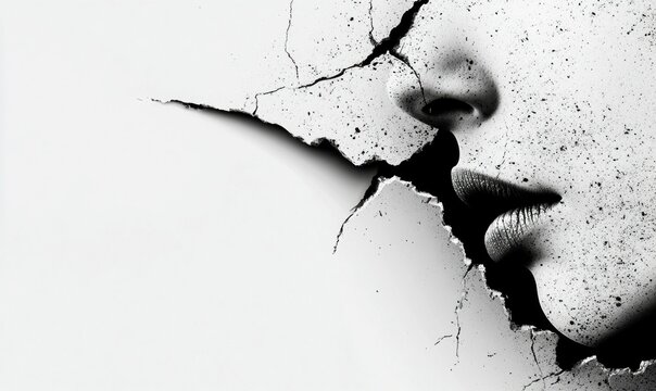 Dramatic monochrome portrait of a human face peering through a cracked and textured surface.