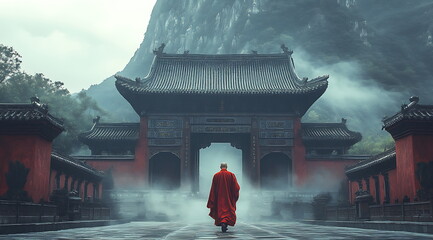 A monk walks through the gate of an ancient temple